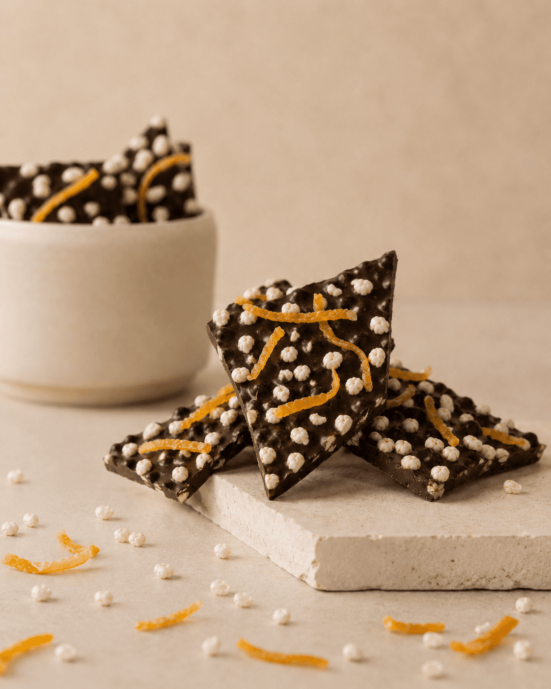Lascas de chocolate meio amargo com laranja cristalizada e crocante da Saito Chocolatier