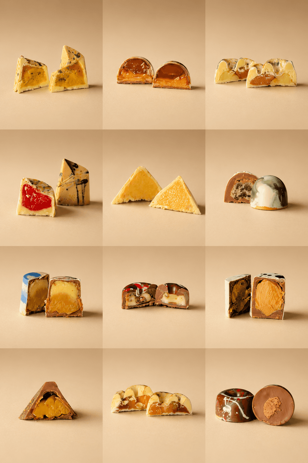 Bombons artesanais Saito Chocolatier — corte transversal revelando recheios